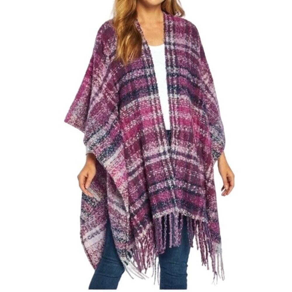 Woolrich super soft purple plaid blanket poncho with tassel trim one‎ size